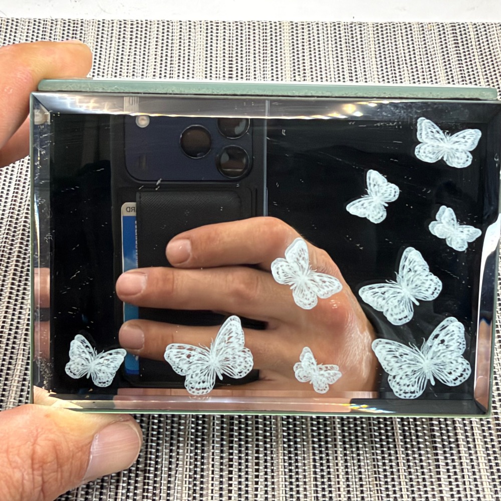 Cynthia Rowley Mirrored Jewelry Box Etched Butterfly Beveled Glass Trinket Case